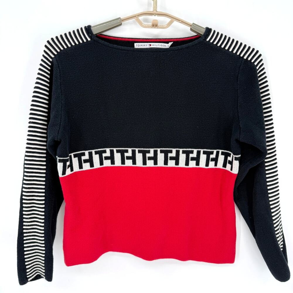 Vintage Tommy Hilfiger Logo Sweater Boatneck Cotton Size Large Y2K